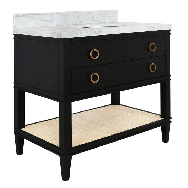 Bath Vanity In Matte Black Lacquer With Open Cane Shelf, White Marble Top, Porcelain Sink, And Antique Brass Ring Hardware - CUTLER BLK