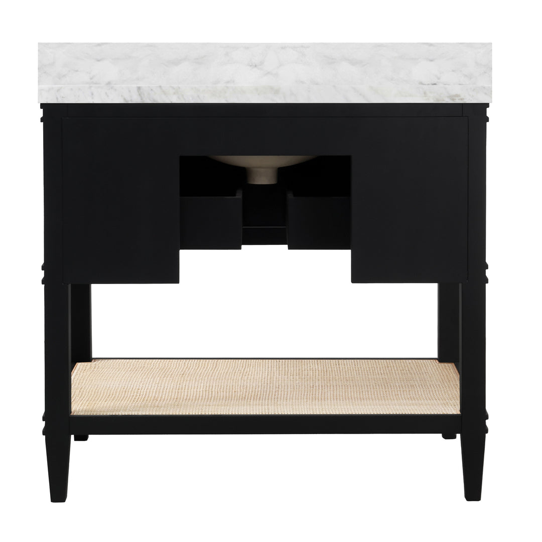 Bath Vanity In Matte Black Lacquer With Open Cane Shelf, White Marble Top, Porcelain Sink, And Antique Brass Ring Hardware - CUTLER BLK
