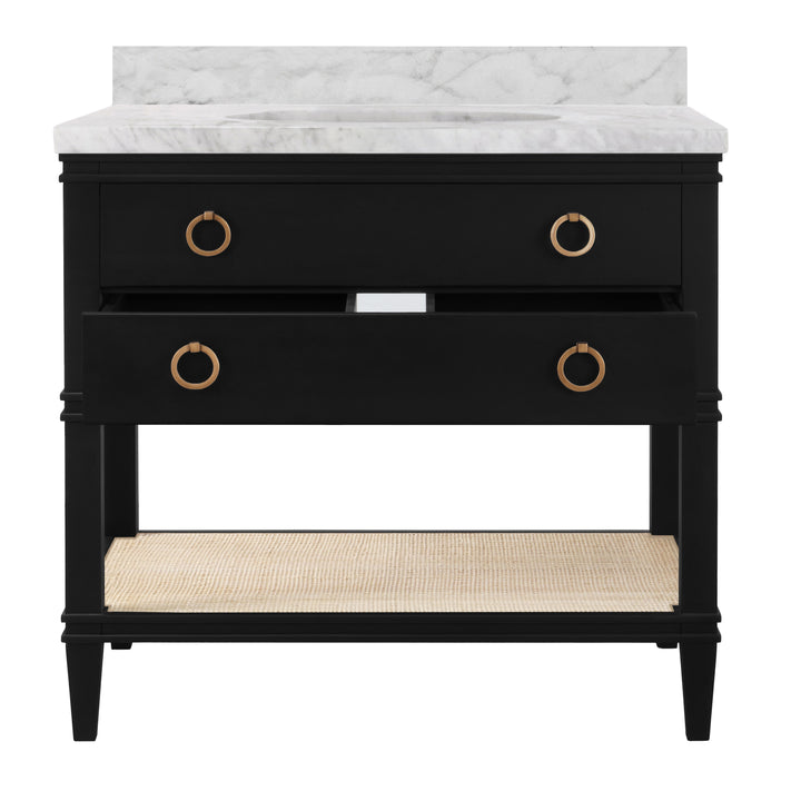 Bath Vanity In Matte Black Lacquer With Open Cane Shelf, White Marble Top, Porcelain Sink, And Antique Brass Ring Hardware - CUTLER BLK