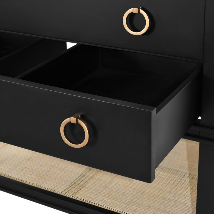 Bath Vanity In Matte Black Lacquer With Open Cane Shelf, White Marble Top, Porcelain Sink, And Antique Brass Ring Hardware - CUTLER BLK