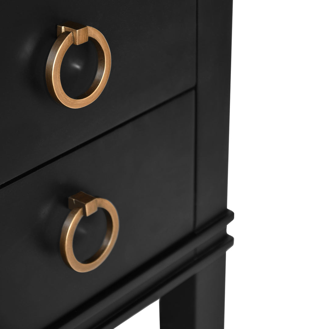 Bath Vanity In Matte Black Lacquer With Open Cane Shelf, White Marble Top, Porcelain Sink, And Antique Brass Ring Hardware - CUTLER BLK