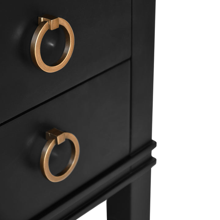 Bath Vanity In Matte Black Lacquer With Open Cane Shelf, White Marble Top, Porcelain Sink, And Antique Brass Ring Hardware - CUTLER BLK