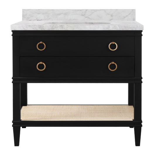 Bath Vanity In Matte Black Lacquer With Open Cane Shelf, White Marble Top, Porcelain Sink, And Antique Brass Ring Hardware - CUTLER BLK