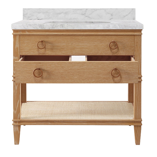 Bath Vanity In Cerused Oak With Open Cane Shelf, White Marble Top, Porcelain Sink, And Antique Brass Ring Hardware - CUTLER CO