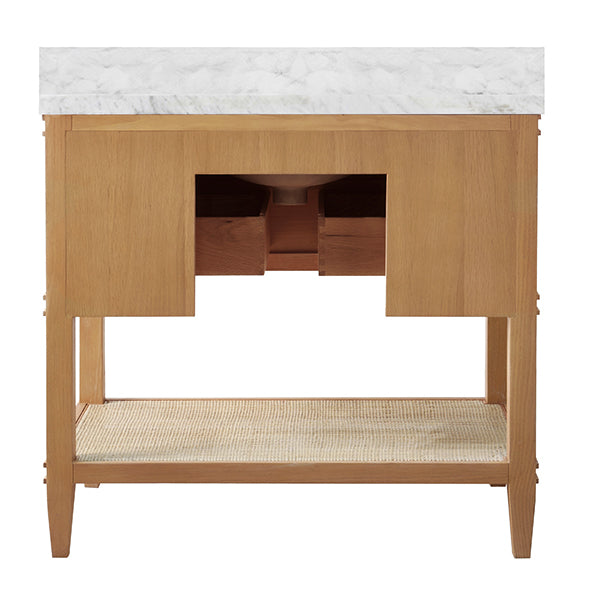 Bath Vanity In Cerused Oak With Open Cane Shelf, White Marble Top, Porcelain Sink, And Antique Brass Ring Hardware - CUTLER CO
