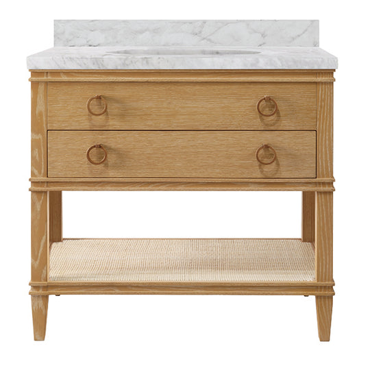 Bath Vanity In Cerused Oak With Open Cane Shelf, White Marble Top, Porcelain Sink, And Antique Brass Ring Hardware - CUTLER CO