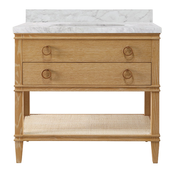 Bath Vanity In Cerused Oak With Open Cane Shelf, White Marble Top, Porcelain Sink, And Antique Brass Ring Hardware - CUTLER CO
