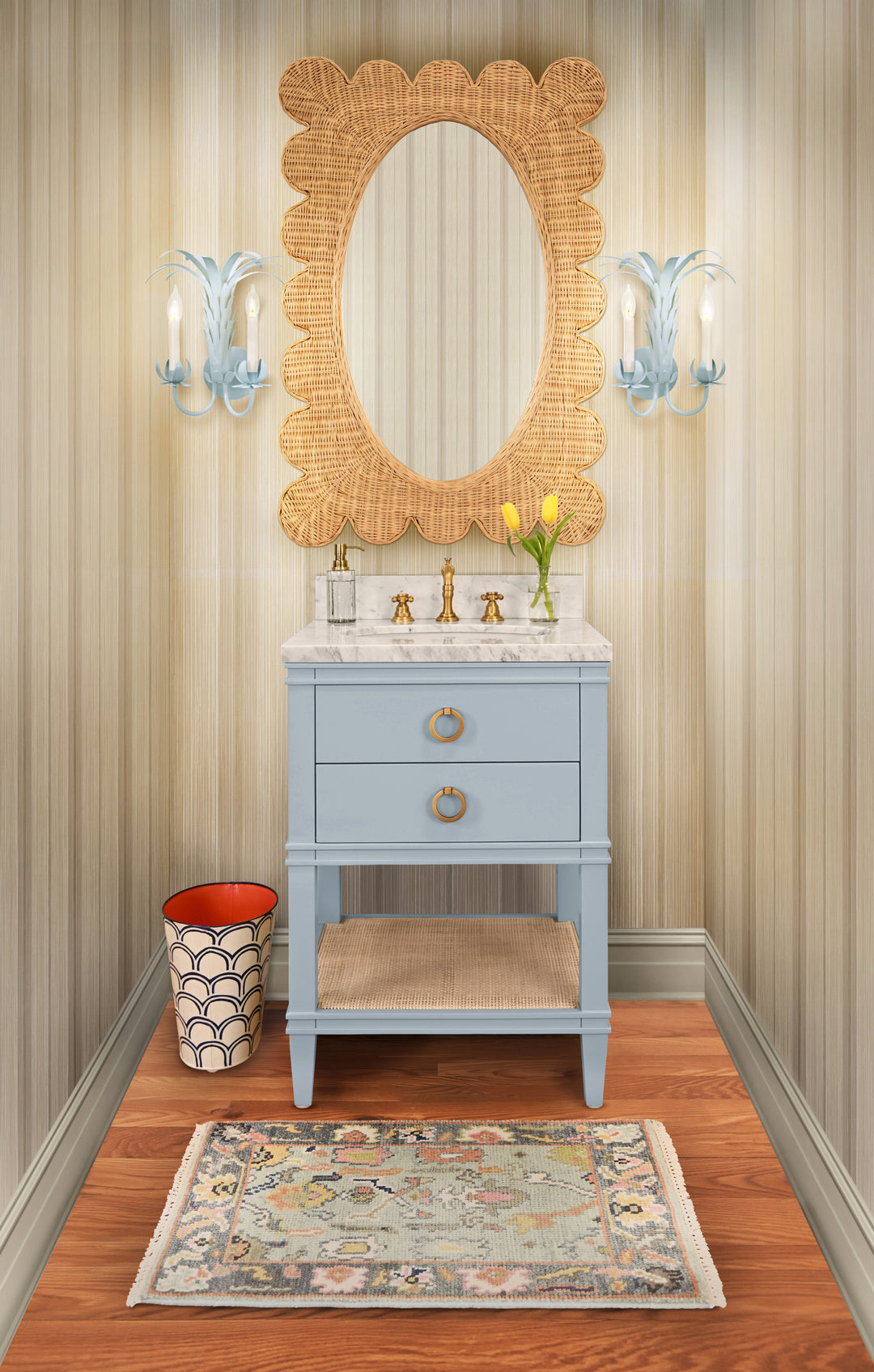 Bath Vanity In Matte Light Blue Lacquer With Open Cane Shelf, White Marble Top, Porcelain Sink, And Antique Brass Ring Hardware - CUTLER 24 LB