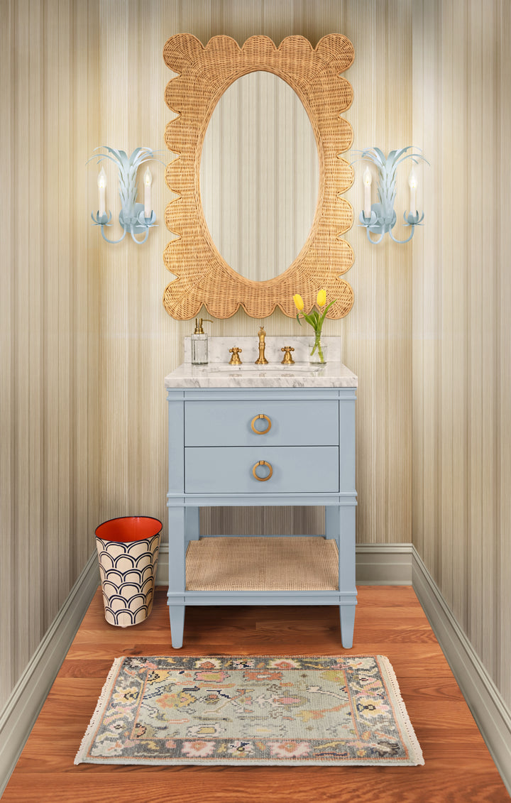 Bath Vanity In Matte Light Blue Lacquer With Open Cane Shelf, White Marble Top, Porcelain Sink, And Antique Brass Ring Hardware - CUTLER 24 LB