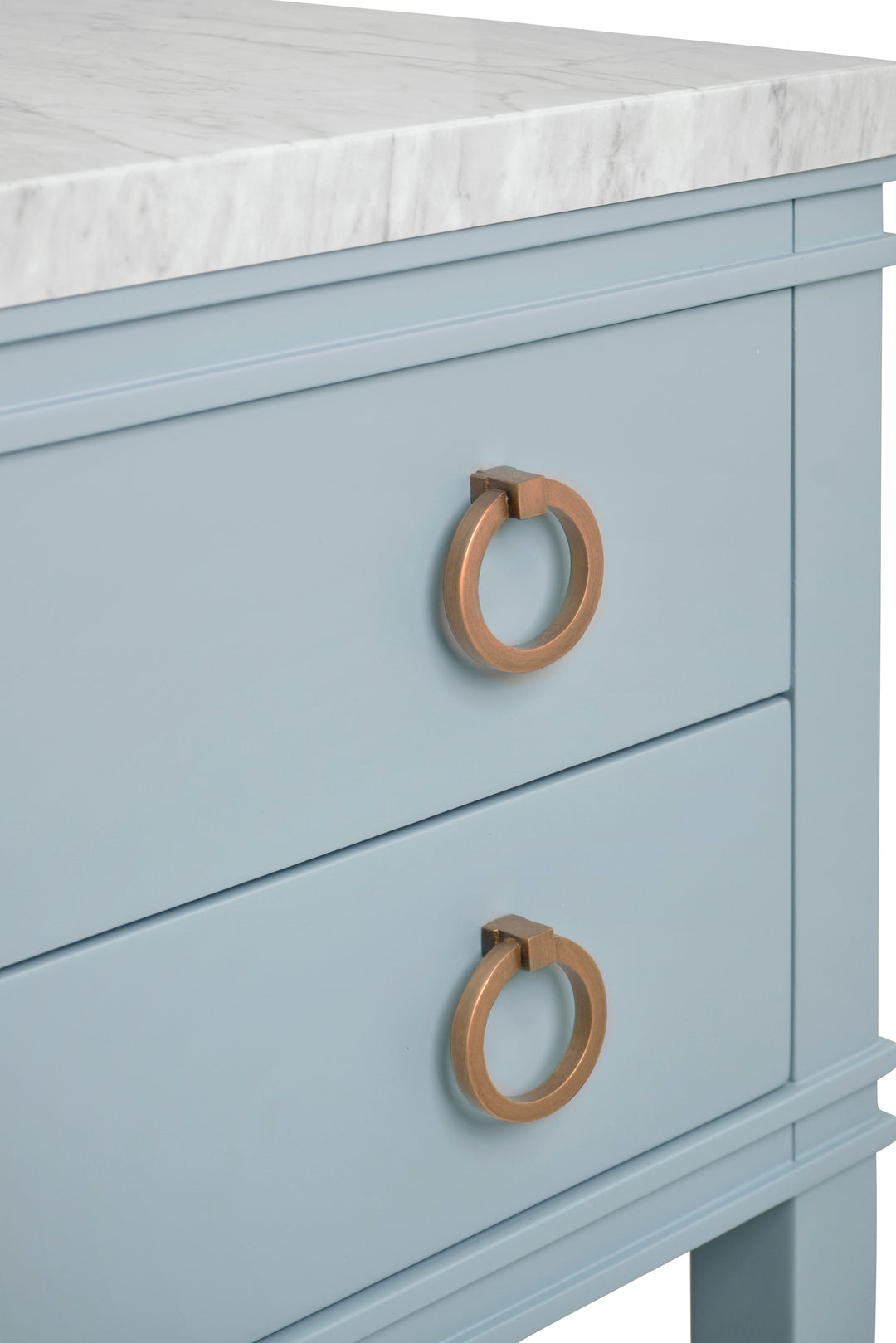 Bath Vanity In Matte Light Blue Lacquer With Open Cane Shelf, White Marble Top, And Porcelain Sink - CUTLER LB