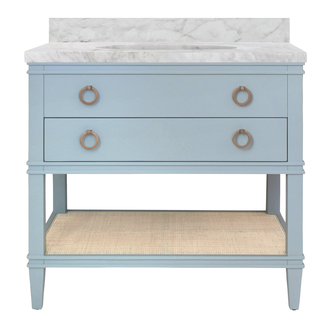 Bath Vanity In Matte Light Blue Lacquer With Open Cane Shelf, White Marble Top, And Porcelain Sink - CUTLER LB