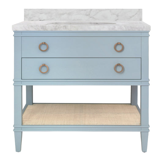 Bath Vanity In Matte Light Blue Lacquer With Open Cane Shelf, White Marble Top, And Porcelain Sink - CUTLER LB