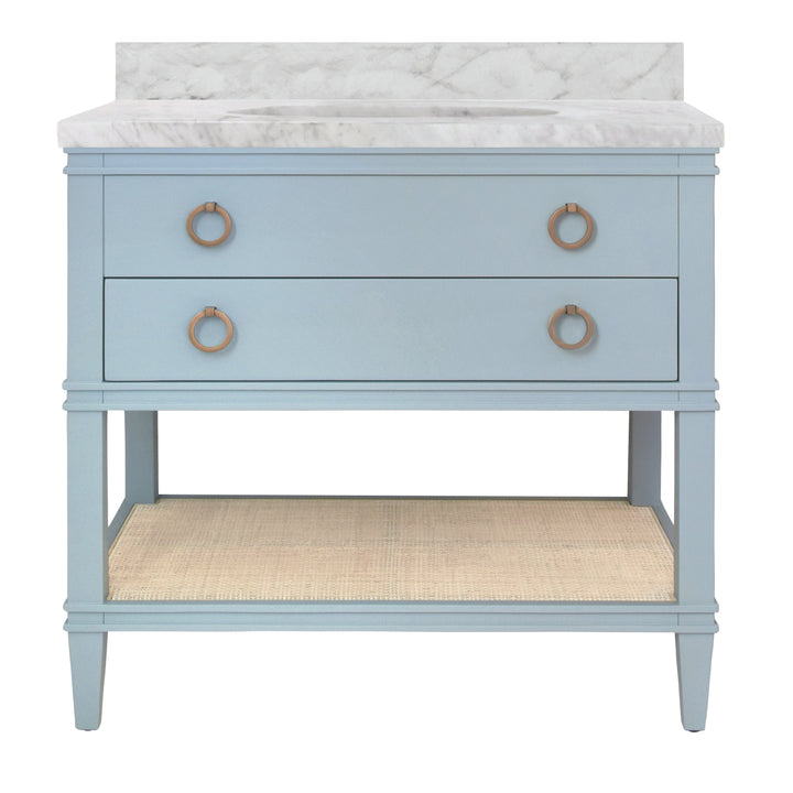 Bath Vanity In Matte Light Blue Lacquer With Open Cane Shelf, White Marble Top, And Porcelain Sink - CUTLER LB