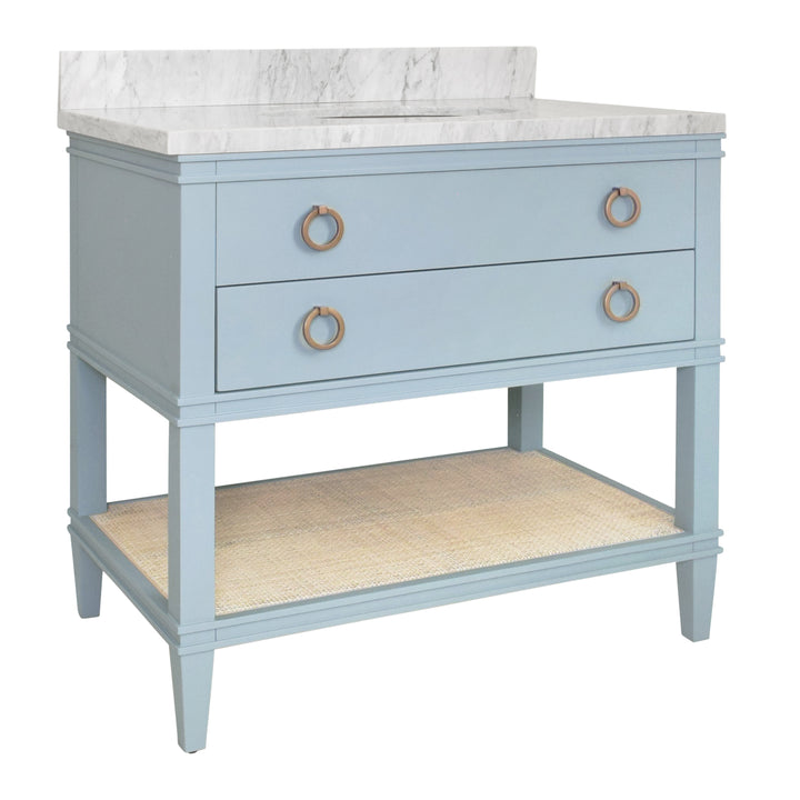 Bath Vanity In Matte Light Blue Lacquer With Open Cane Shelf, White Marble Top, And Porcelain Sink - CUTLER LB