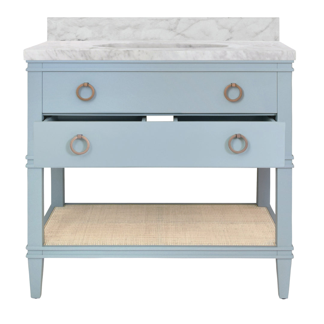 Bath Vanity In Matte Light Blue Lacquer With Open Cane Shelf, White Marble Top, And Porcelain Sink - CUTLER LB