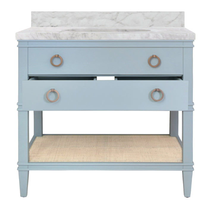 Bath Vanity In Matte Light Blue Lacquer With Open Cane Shelf, White Marble Top, And Porcelain Sink - CUTLER LB
