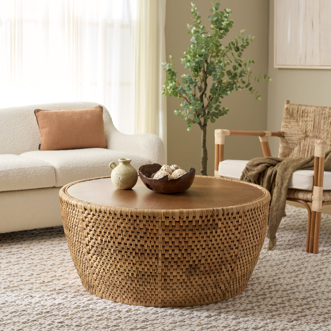 American Home Furniture Safavieh Couture Braylen Rattan And Glass Round Coffee Table
