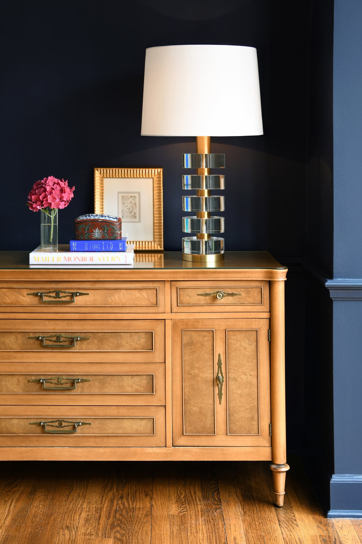 Acrylic And Brushed Brass Stack Lamp With White Linen Shade - CYBILL BBR