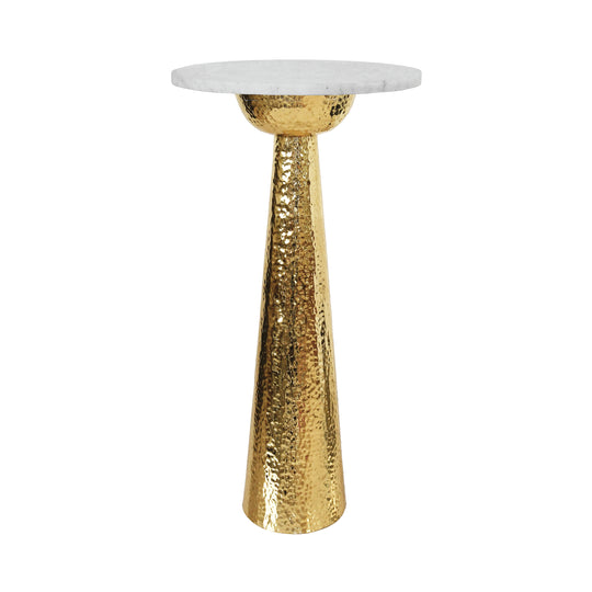 Hammered Brass Side Table With Tapered Base And Round White Marble Top - CYNTHIA