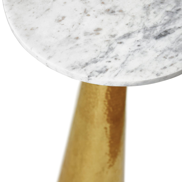 Hammered Brass Side Table With Tapered Base And Round White Marble Top - CYNTHIA