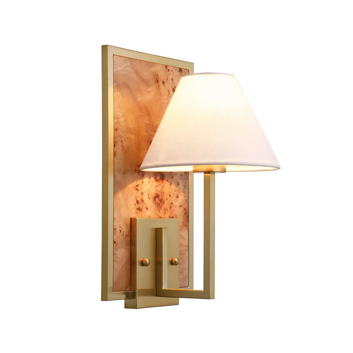 Sconce With Rectangular Burl Wood Backplate And Brushed Brass Frame - DAREN BW