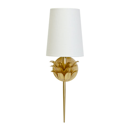 Gld Lf One Arm Sconce W 3 Lr Lf Motif & Wh Linen Shd - DELILAH G
