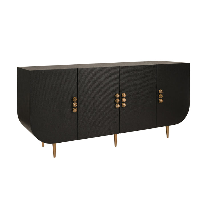 Four Door Buffet With Curved Bottom Corners And Stone Hardware In Black Painted Grasscloth - DELUCA BLK