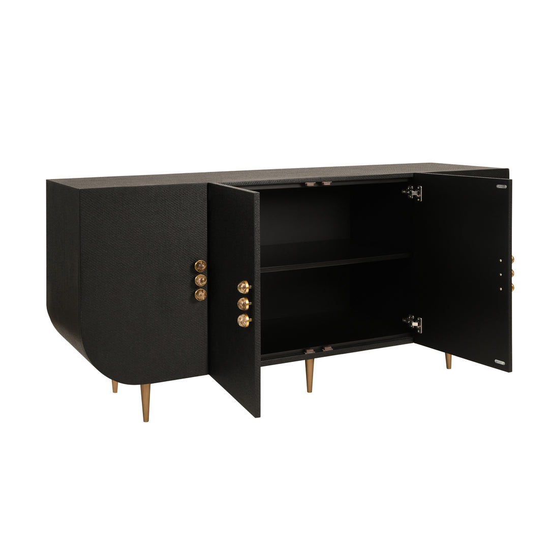 Four Door Buffet With Curved Bottom Corners And Stone Hardware In Black Painted Grasscloth - DELUCA BLK