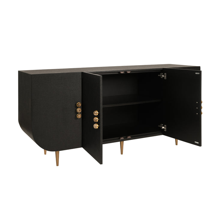 Four Door Buffet With Curved Bottom Corners And Stone Hardware In Black Painted Grasscloth - DELUCA BLK