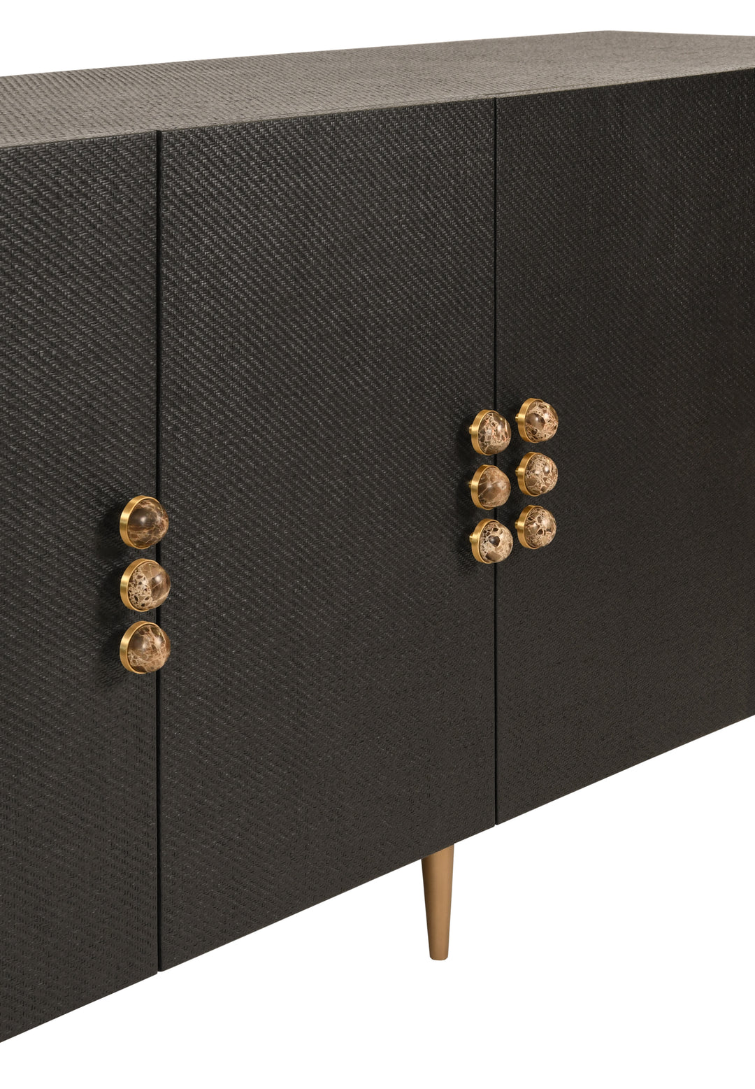 Four Door Buffet With Curved Bottom Corners And Stone Hardware In Black Painted Grasscloth - DELUCA BLK