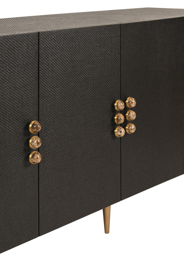 Four Door Buffet With Curved Bottom Corners And Stone Hardware In Black Painted Grasscloth - DELUCA BLK