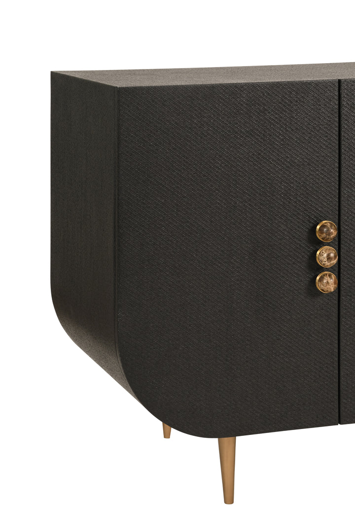 Four Door Buffet With Curved Bottom Corners And Stone Hardware In Black Painted Grasscloth - DELUCA BLK