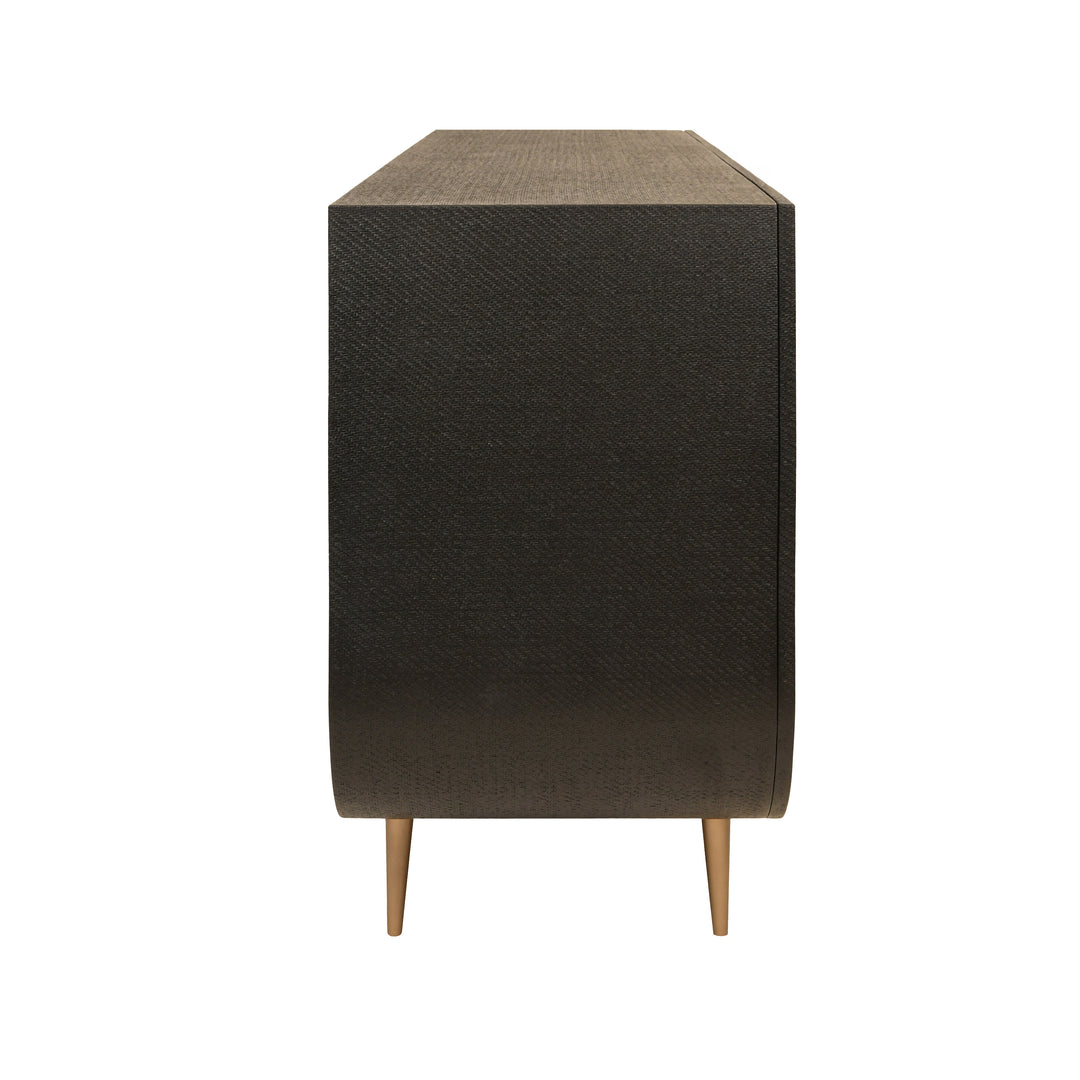 Four Door Buffet With Curved Bottom Corners And Stone Hardware In Black Painted Grasscloth - DELUCA BLK