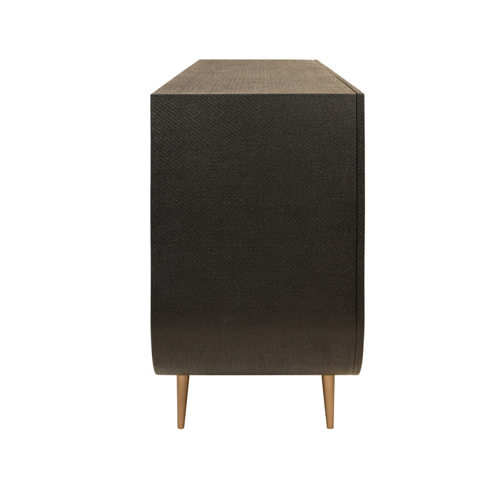 Four Door Buffet With Curved Bottom Corners And Stone Hardware In Black Painted Grasscloth - DELUCA BLK