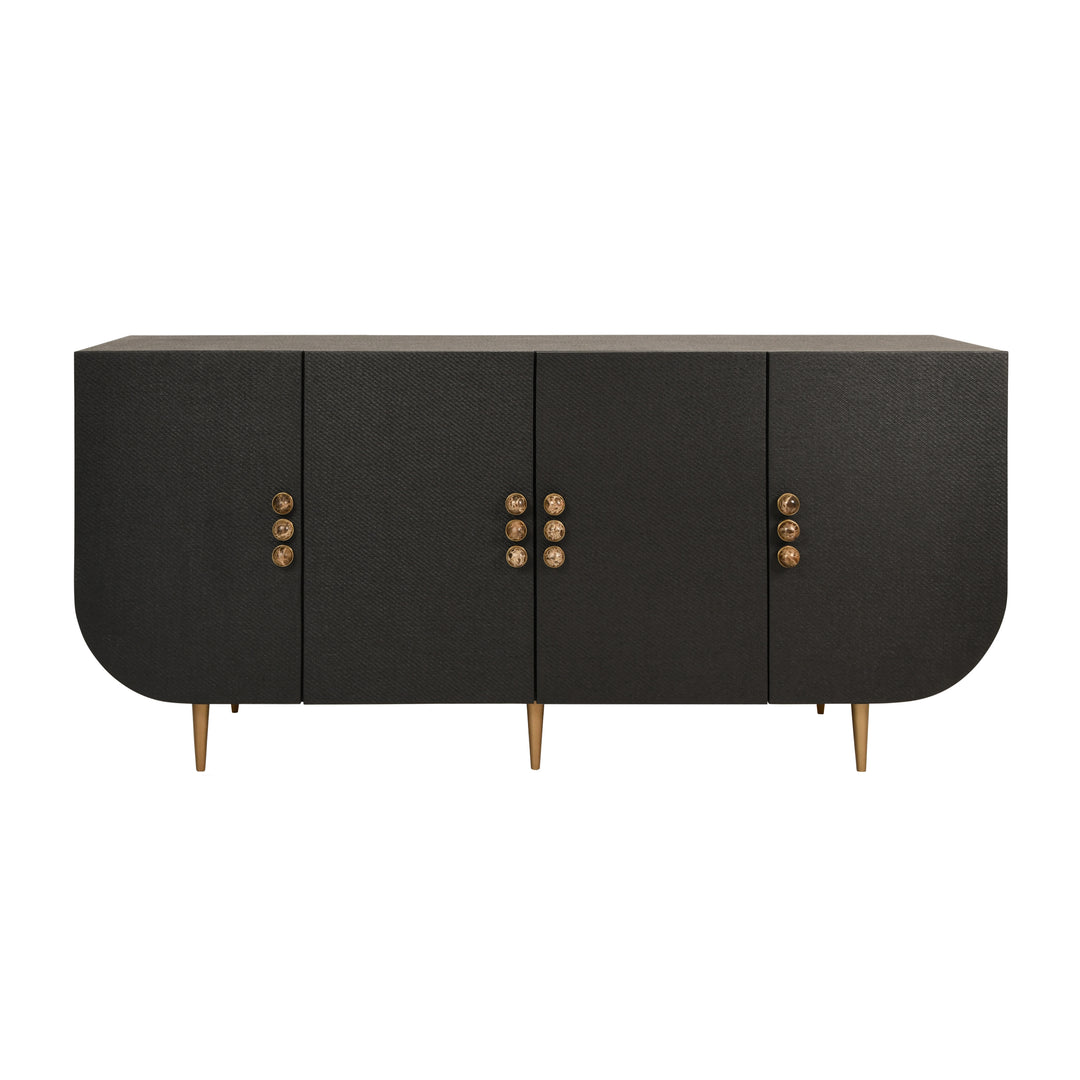 Four Door Buffet With Curved Bottom Corners And Stone Hardware In Black Painted Grasscloth - DELUCA BLK