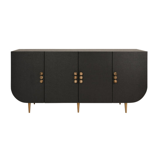 Four Door Buffet With Curved Bottom Corners And Stone Hardware In Black Painted Grasscloth - DELUCA BLK