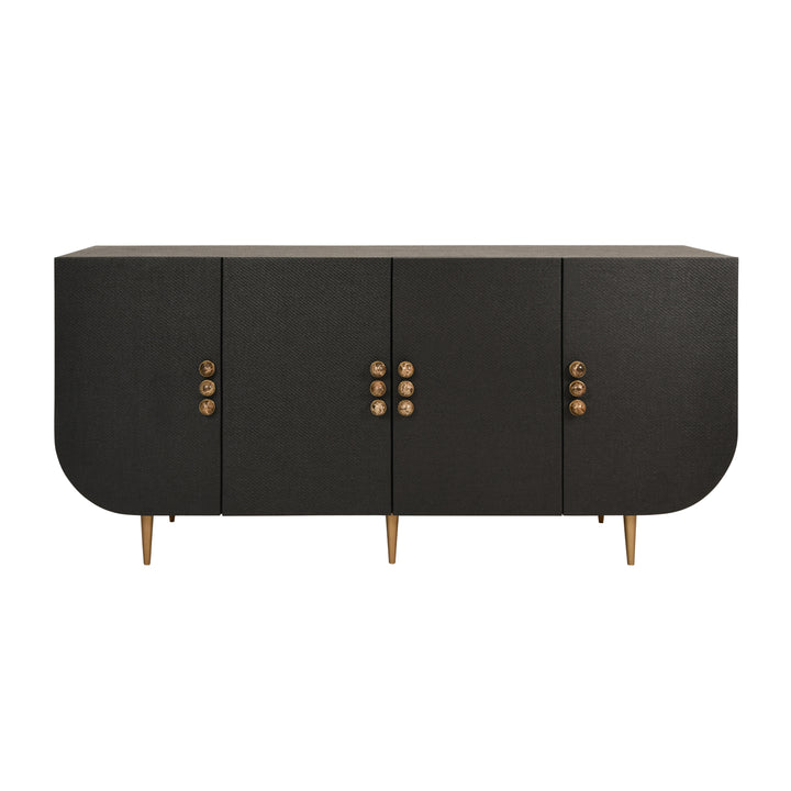 Four Door Buffet With Curved Bottom Corners And Stone Hardware In Black Painted Grasscloth - DELUCA BLK