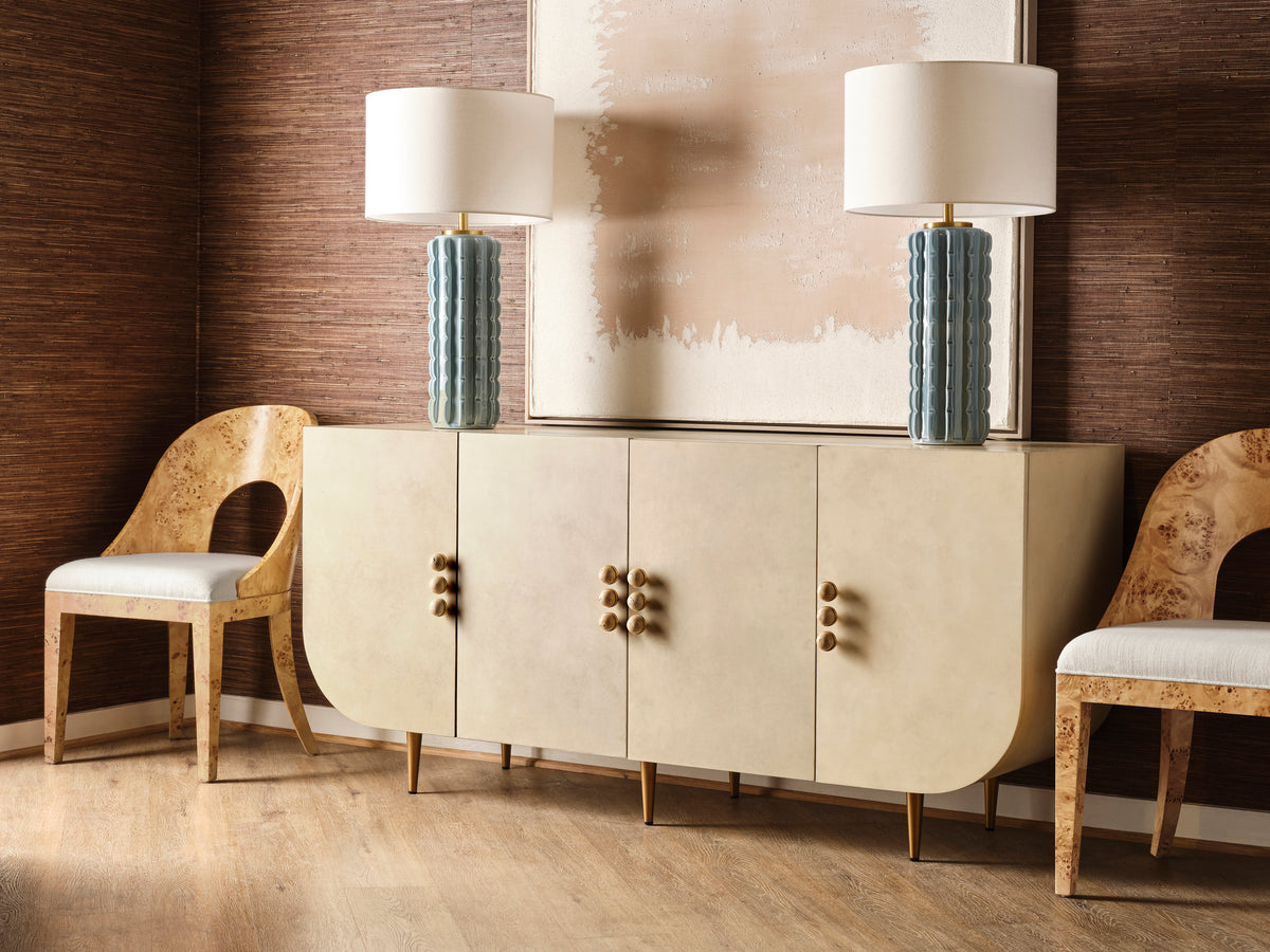 Four Door Buffet With Curved Bottom Corners And Stone Hardware In Faux Parchment - DELUCA PAR