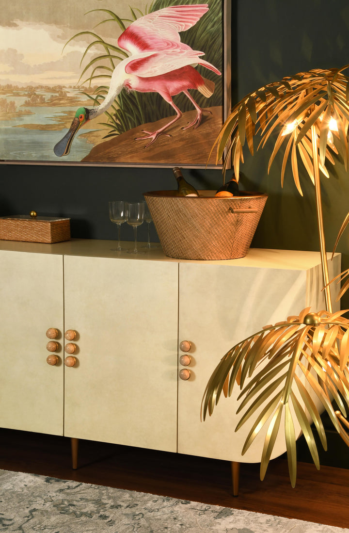 Four Door Buffet With Curved Bottom Corners And Stone Hardware In Faux Parchment - DELUCA PAR