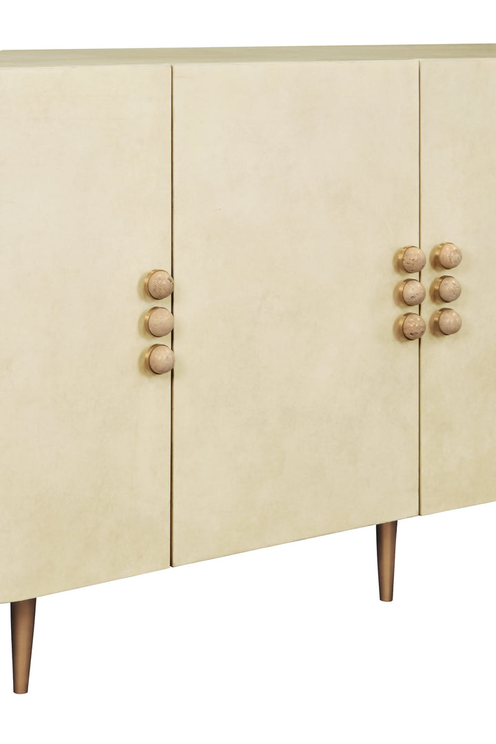 Four Door Buffet With Curved Bottom Corners And Stone Hardware In Faux Parchment - DELUCA PAR