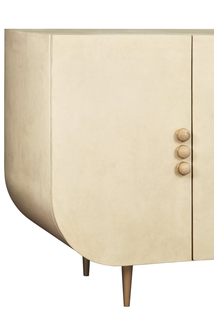 Four Door Buffet With Curved Bottom Corners And Stone Hardware In Faux Parchment - DELUCA PAR