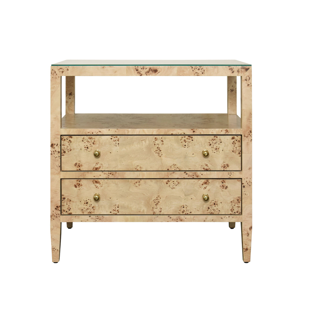 Two Drawer Side Table With Open Top Shelf In Burl Wood With Polished Brass Knobs - DOUGLAS BW