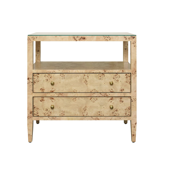 Two Drawer Side Table With Open Top Shelf In Burl Wood With Polished Brass Knobs - DOUGLAS BW