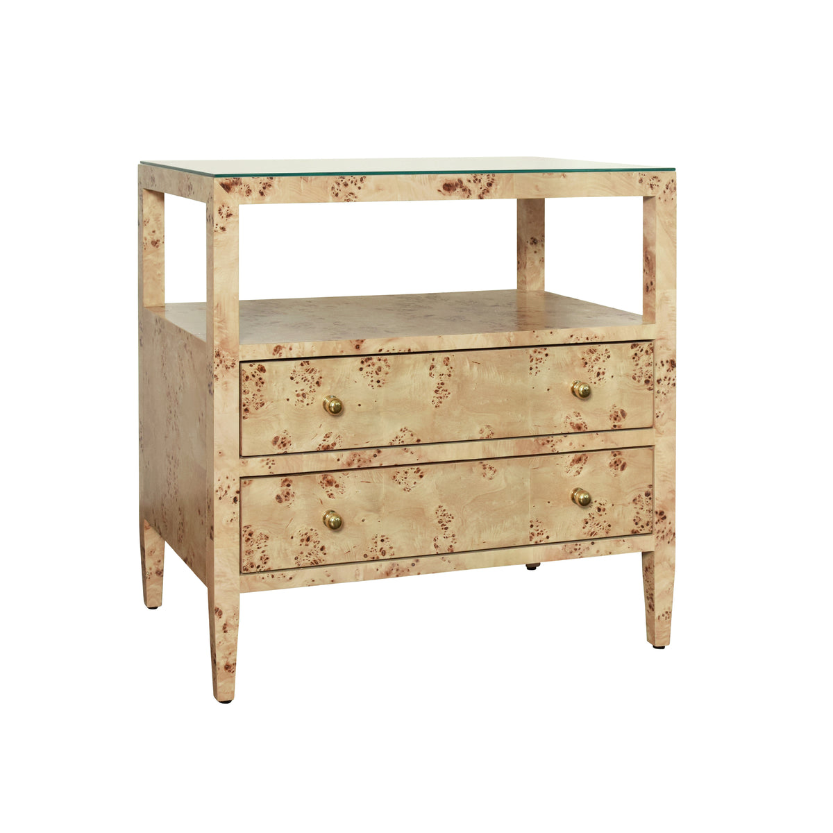 Two Drawer Side Table With Open Top Shelf In Burl Wood With Polished Brass Knobs - DOUGLAS BW