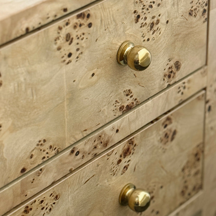 Two Drawer Side Table With Open Top Shelf In Burl Wood With Polished Brass Knobs - DOUGLAS BW