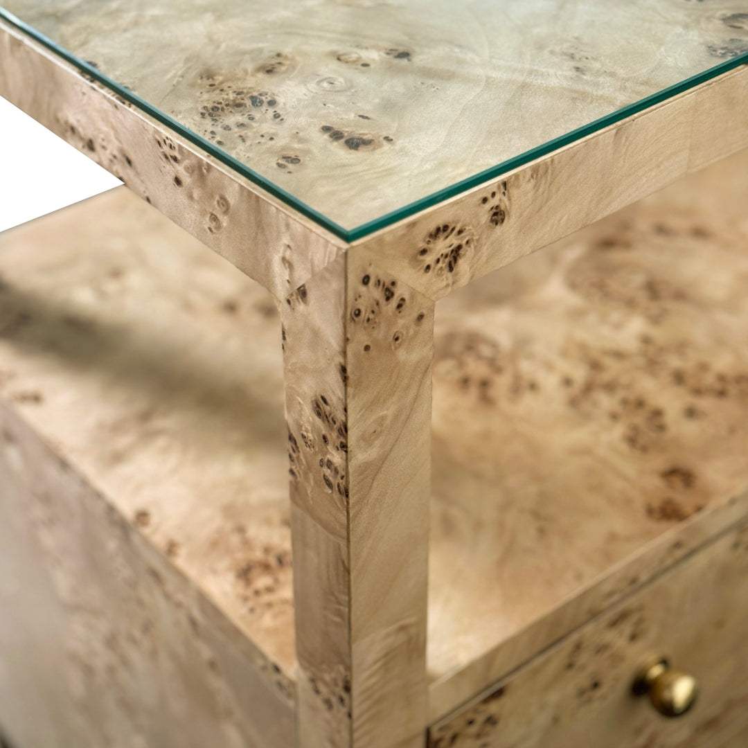 Two Drawer Side Table With Open Top Shelf In Burl Wood With Polished Brass Knobs - DOUGLAS BW