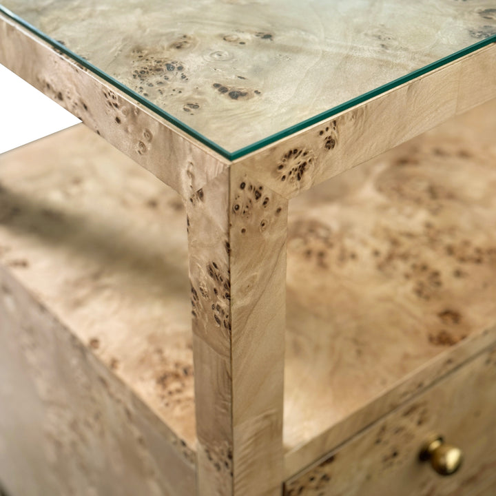 Two Drawer Side Table With Open Top Shelf In Burl Wood With Polished Brass Knobs - DOUGLAS BW