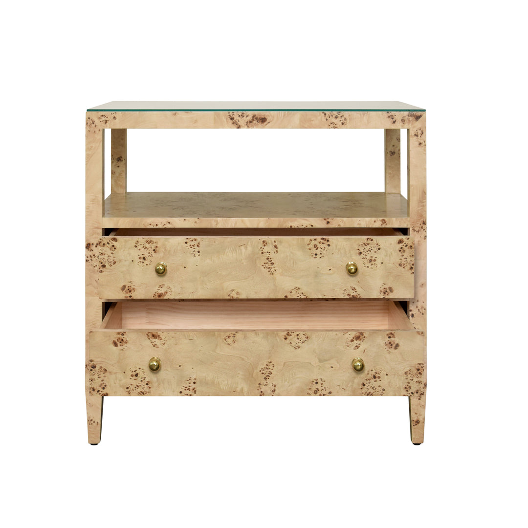 Two Drawer Side Table With Open Top Shelf In Burl Wood With Polished Brass Knobs - DOUGLAS BW