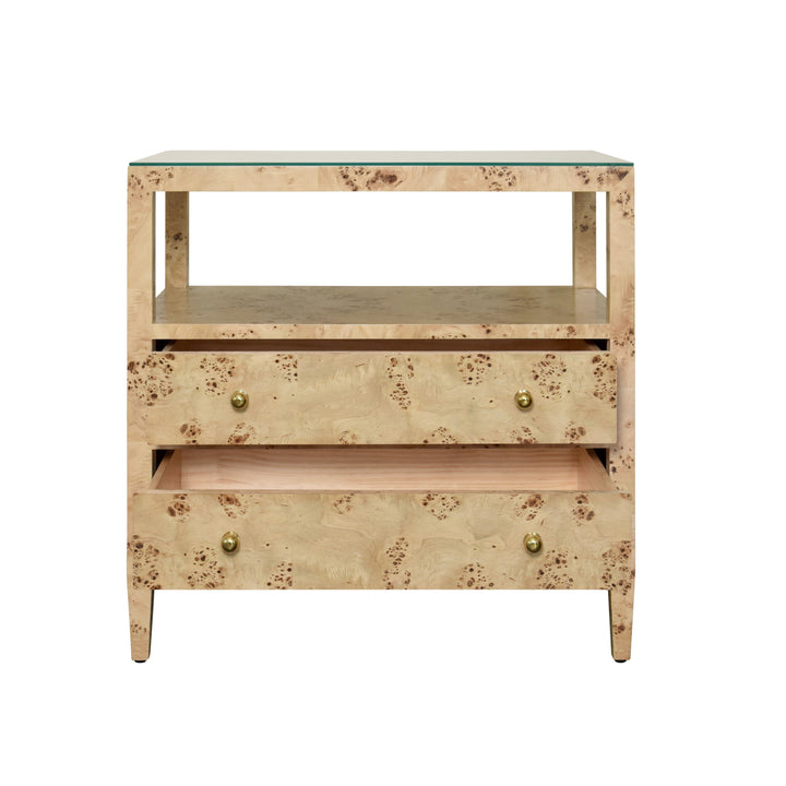 Two Drawer Side Table With Open Top Shelf In Burl Wood With Polished Brass Knobs - DOUGLAS BW