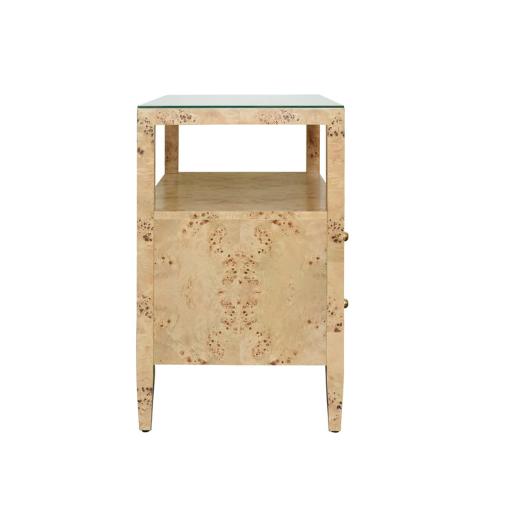 Two Drawer Side Table With Open Top Shelf In Burl Wood With Polished Brass Knobs - DOUGLAS BW